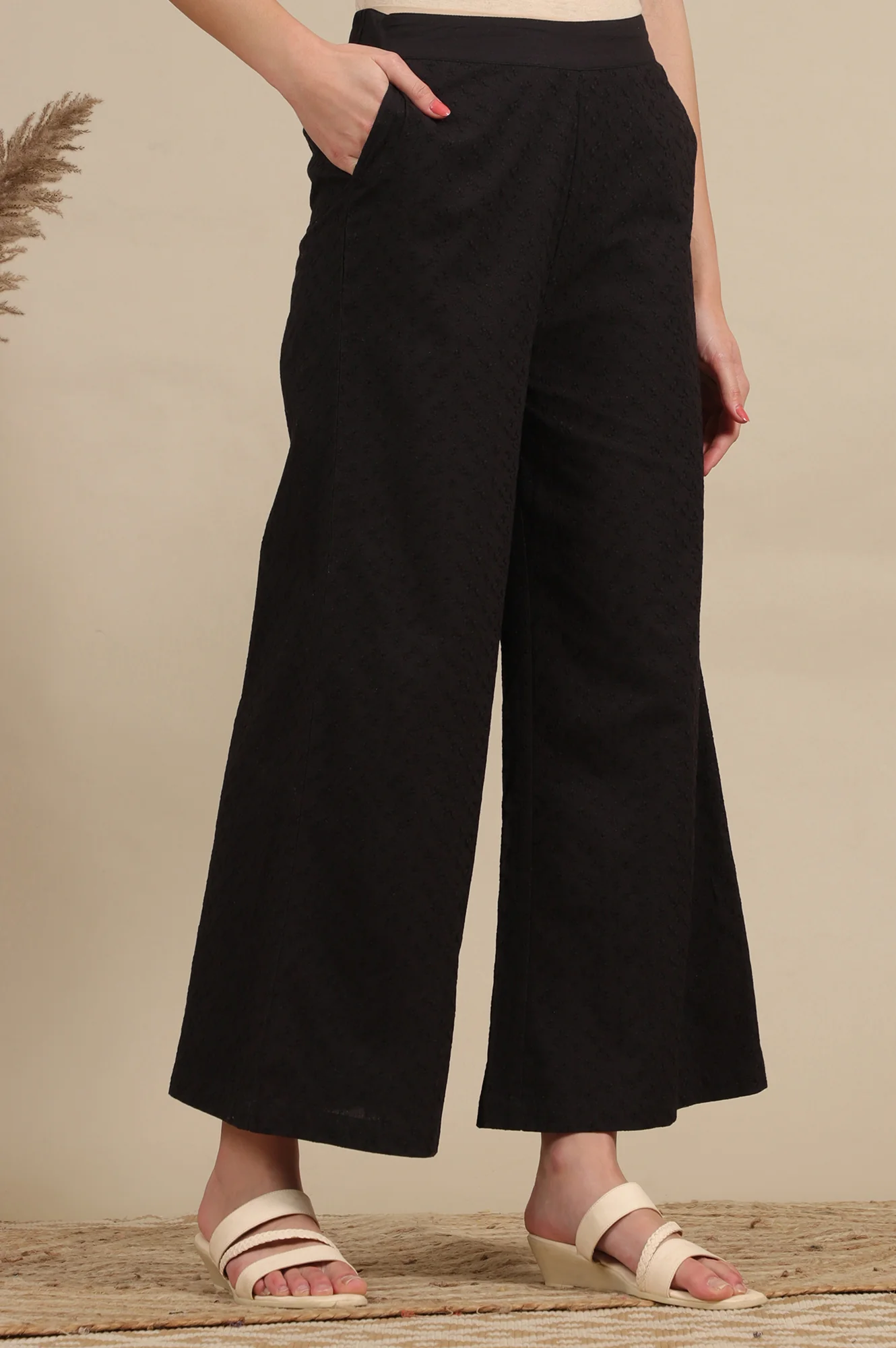 Schiffli Embroidered Pure Cotton Flared Palazzo Pants - Image 4