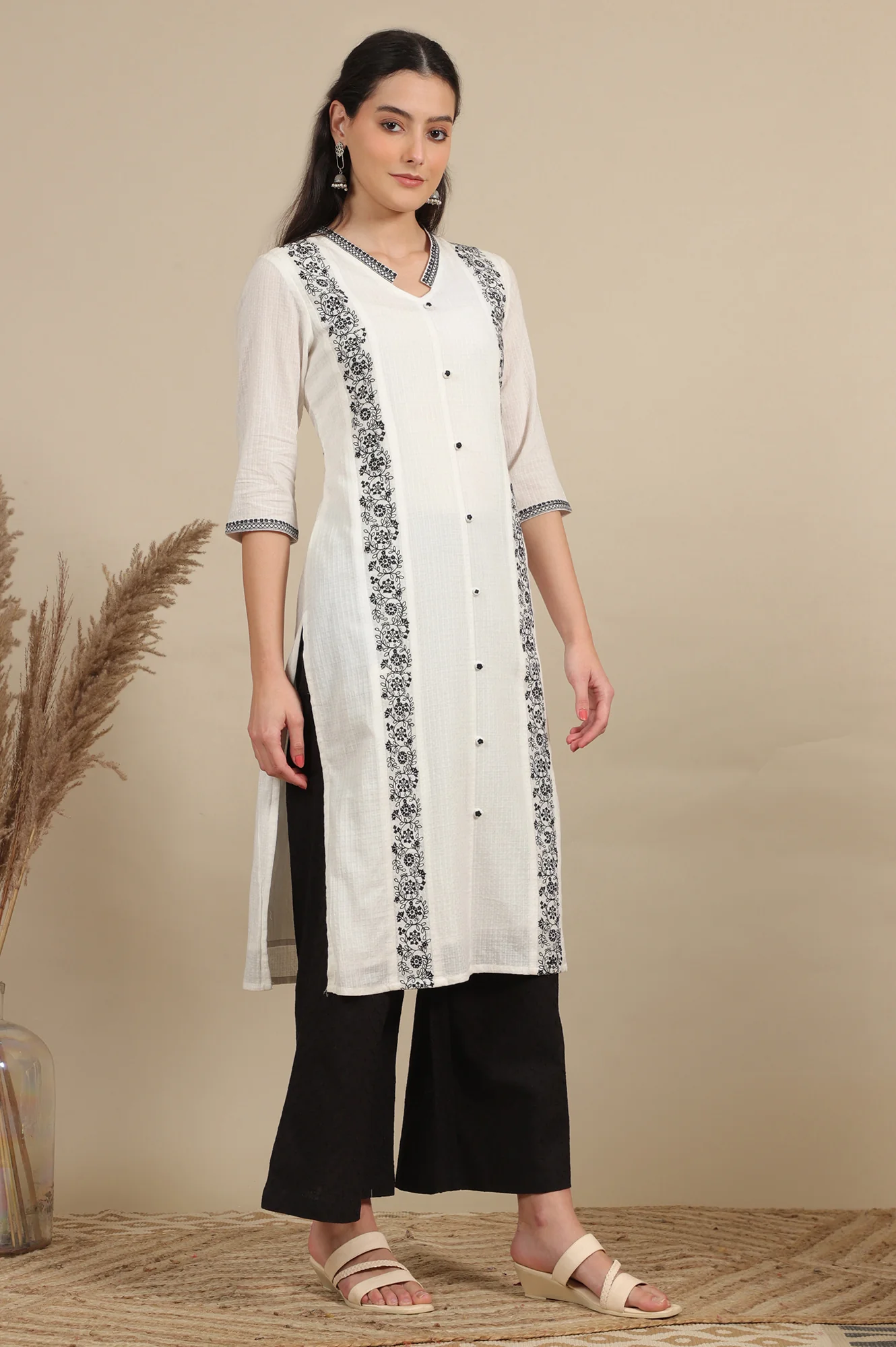 Schiffli Embroidered Pure Cotton Flared Palazzo Pants - Image 5