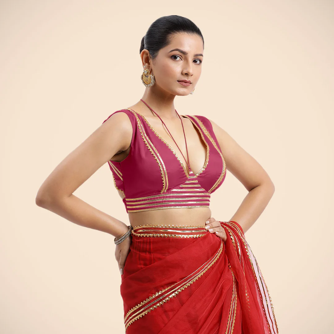 Ahana x Tyohaar | Rani Pink Sleeveless FlexiFi Saree Blouse with Plunging Neckline and Back Cut Out with Tasteful Golden Gota Lace Embellishment - Image 4