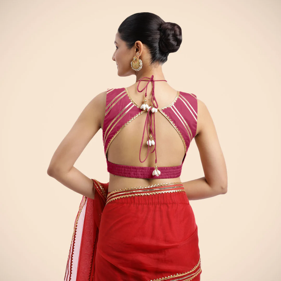 Ahana x Tyohaar | Rani Pink Sleeveless FlexiFi Saree Blouse with Plunging Neckline and Back Cut Out with Tasteful Golden Gota Lace Embellishment - Image 5