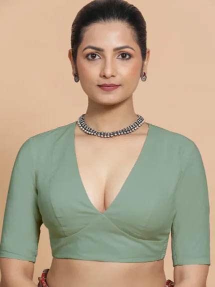 Malika x Rozaana | Deep Neck Saree Blouse in Peppermint Green Linen