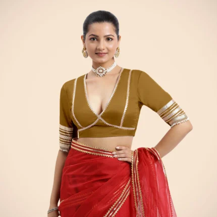 Nafeeza x Tyohaar | Bronze Gold Embellished Elbow Sleeves FlexiFi Saree Blouse with Plunging V Neckline with Tasteful Golden Gota Lace