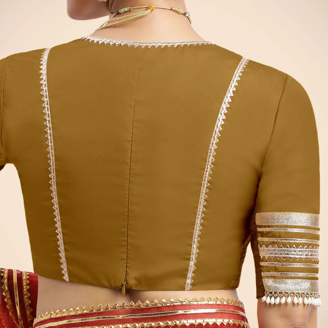 Nafeeza x Tyohaar | Bronze Gold Embellished Elbow Sleeves FlexiFi Saree Blouse with Plunging V Neckline with Tasteful Golden Gota Lace - Image 4