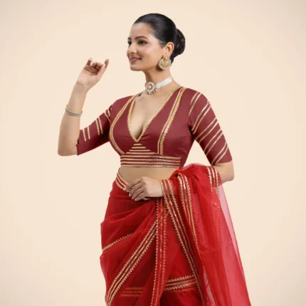 Navya x Tyohaar | Auburn Red Elbow Sleeves Saree Blouse