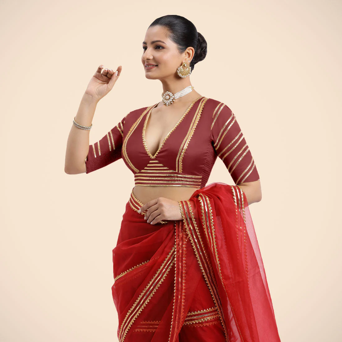 Navya x Tyohaar | Auburn Red Elbow Sleeves Saree Blouse