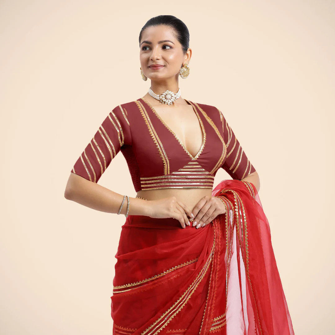 Navya x Tyohaar | Auburn Red Elbow Sleeves Saree Blouse - Image 2