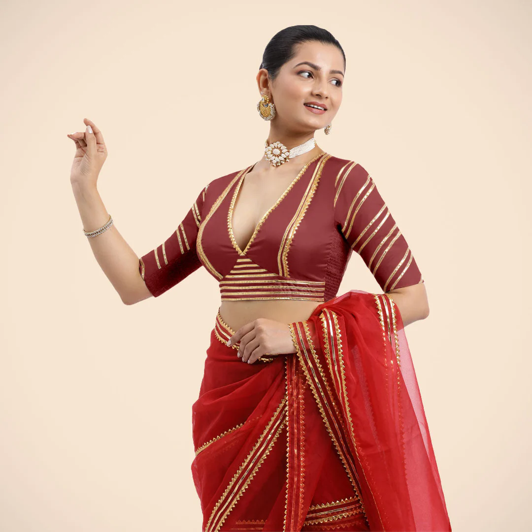 Navya x Tyohaar | Auburn Red Elbow Sleeves Saree Blouse - Image 3