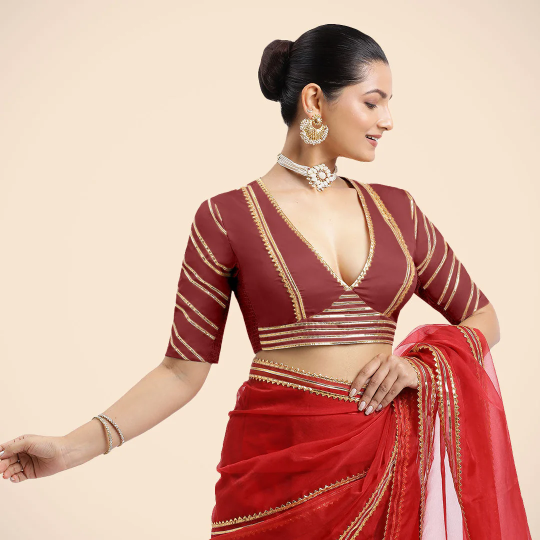 Navya x Tyohaar | Auburn Red Elbow Sleeves Saree Blouse - Image 4