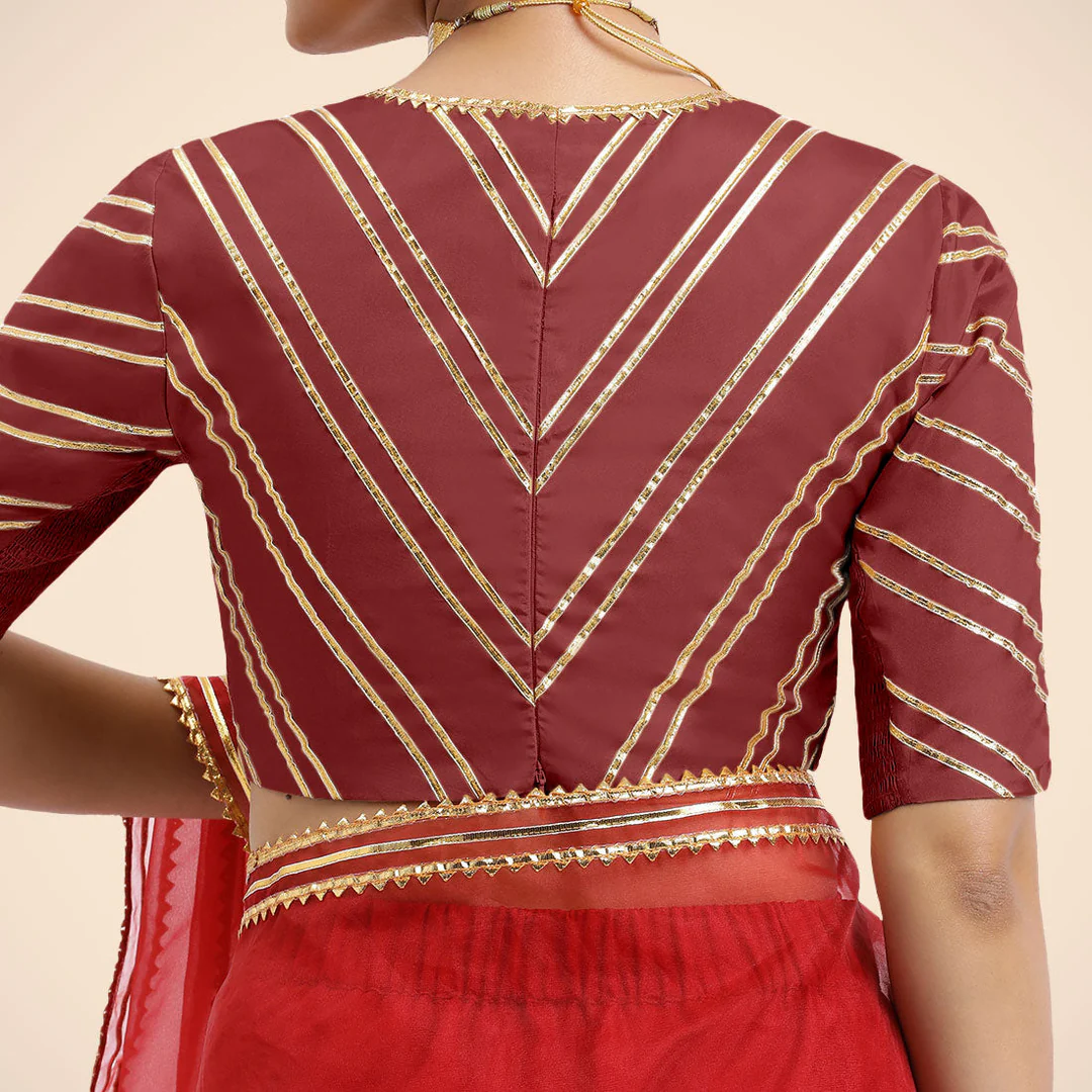 Navya x Tyohaar | Auburn Red Elbow Sleeves Saree Blouse - Image 5