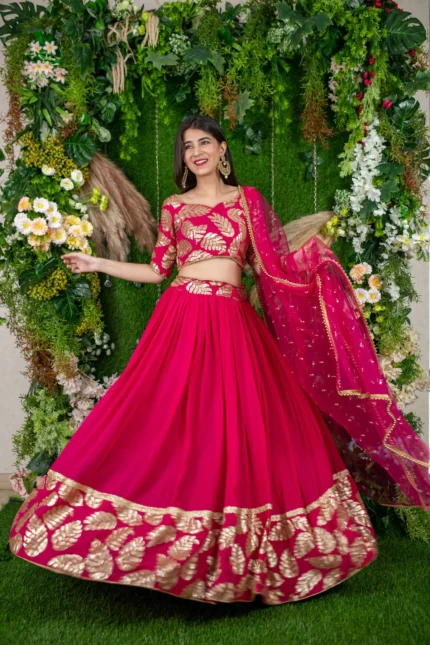 Rani Pink Leaf Daman Lehenga