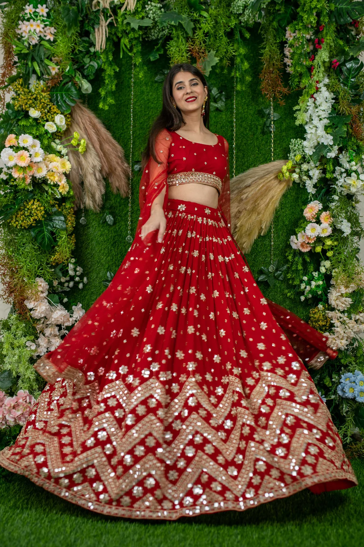 Red And Gold Lehenga Cape Sleeves - Image 4