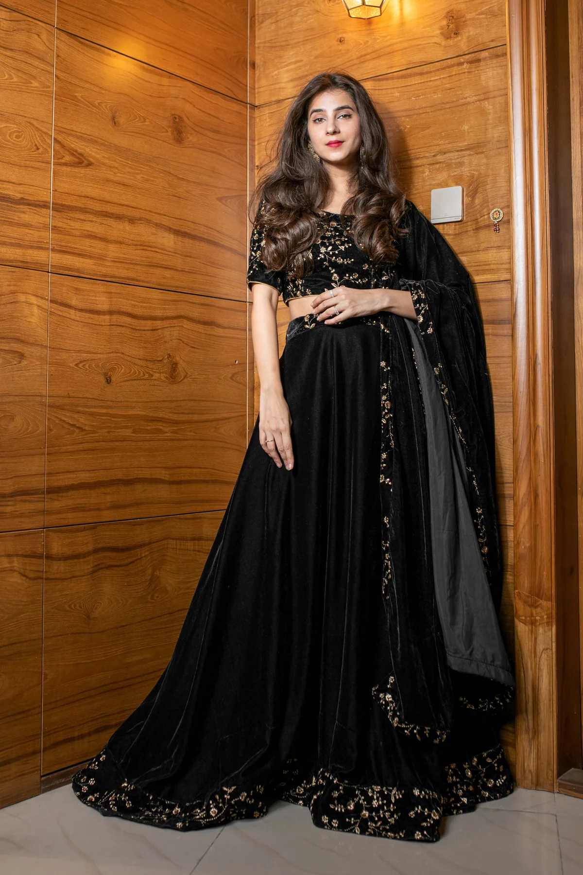 Black Sequin and Zari Work Velvet Lehenga - Image 2