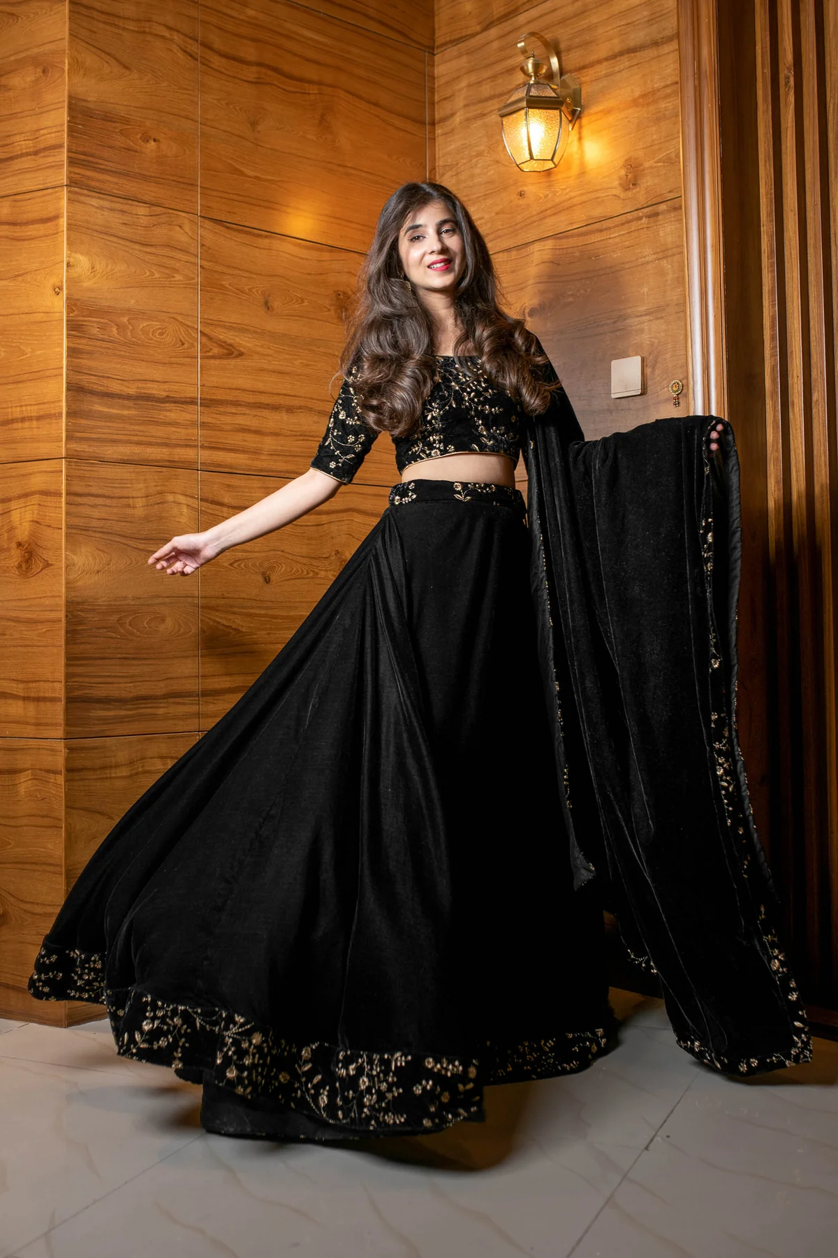 Black Sequin and Zari Work Velvet Lehenga - Image 4