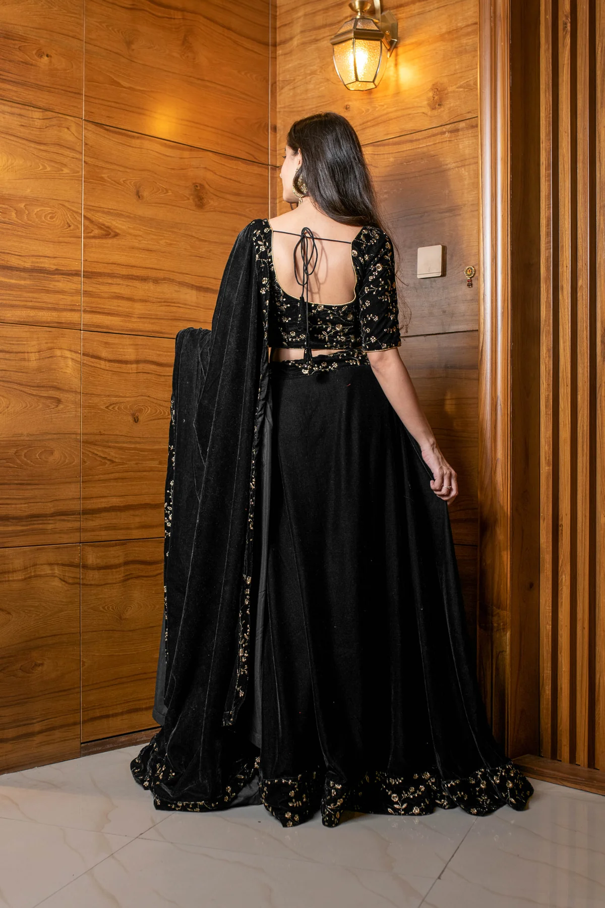 Black Sequin and Zari Work Velvet Lehenga - Image 6