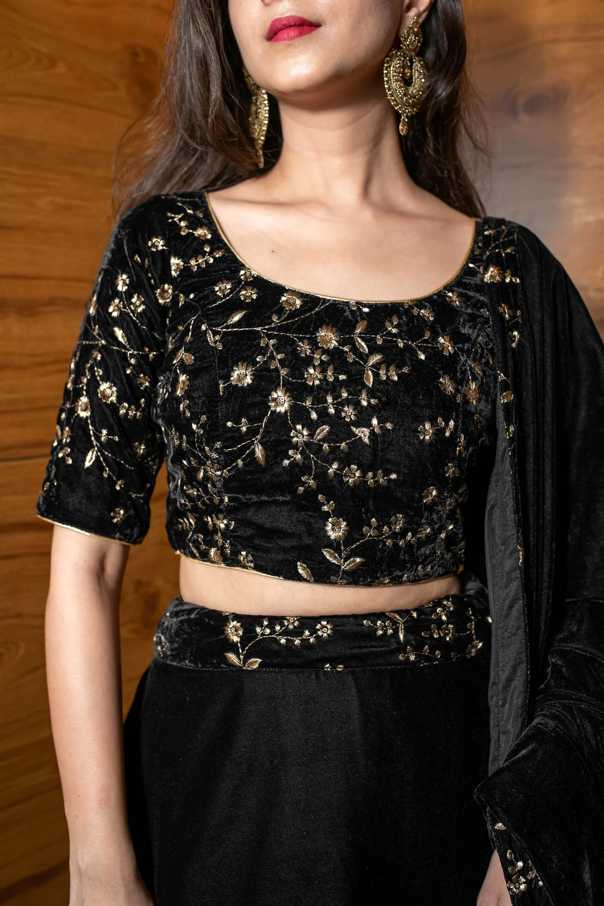 Black Sequin and Zari Work Velvet Lehenga - Image 7