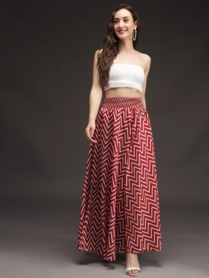 Women Flared Maroon, White Viscose Rayon Palazzos