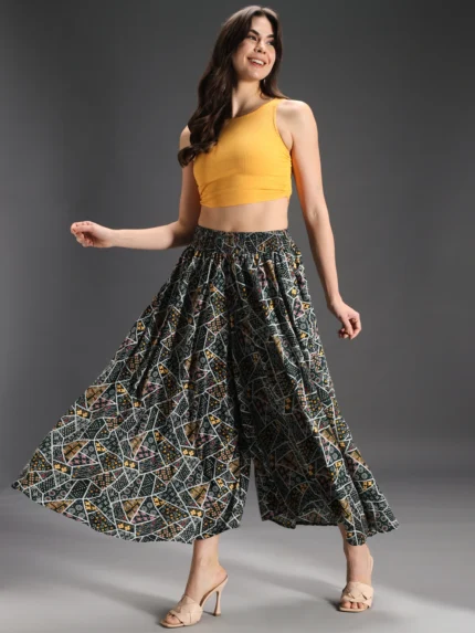 Women Flared Green, Yellow, Multicolor Viscose Rayon Palazzos