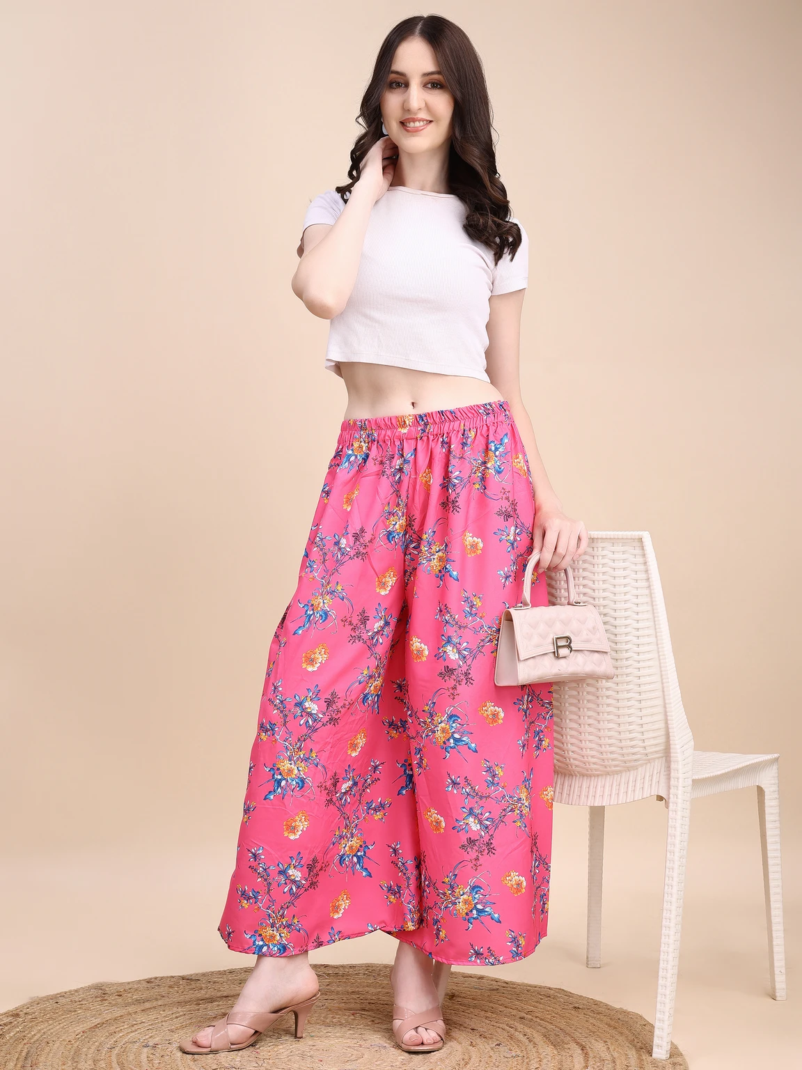 Women Flared Pink Viscose Rayon Palazzos