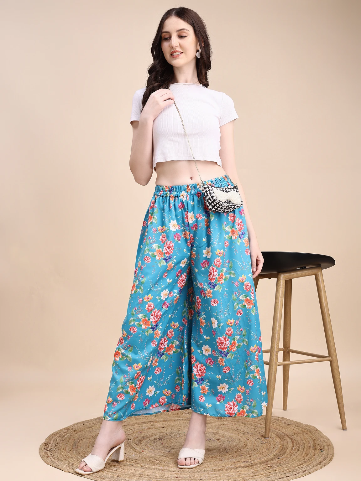 Women Flared Light Blue Viscose Rayon Palazzos - Image 3