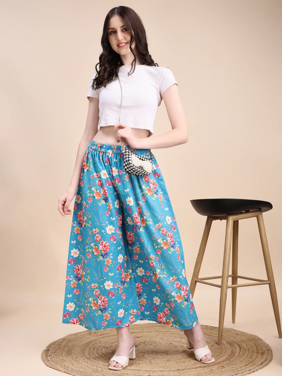 Women Flared Light Blue Viscose Rayon Palazzos - Image 5