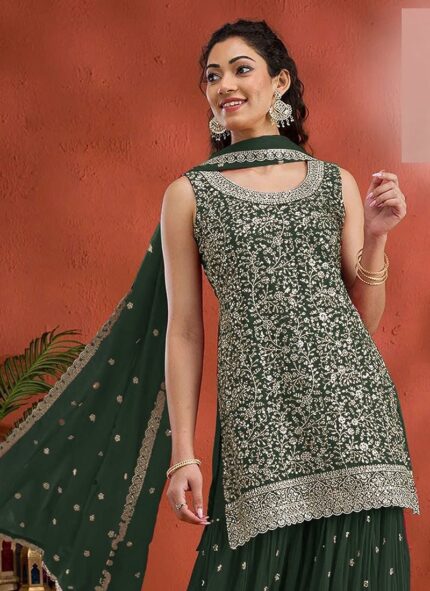 Green Georgette Embroidered Sequin Palazzo Set Festive Wear