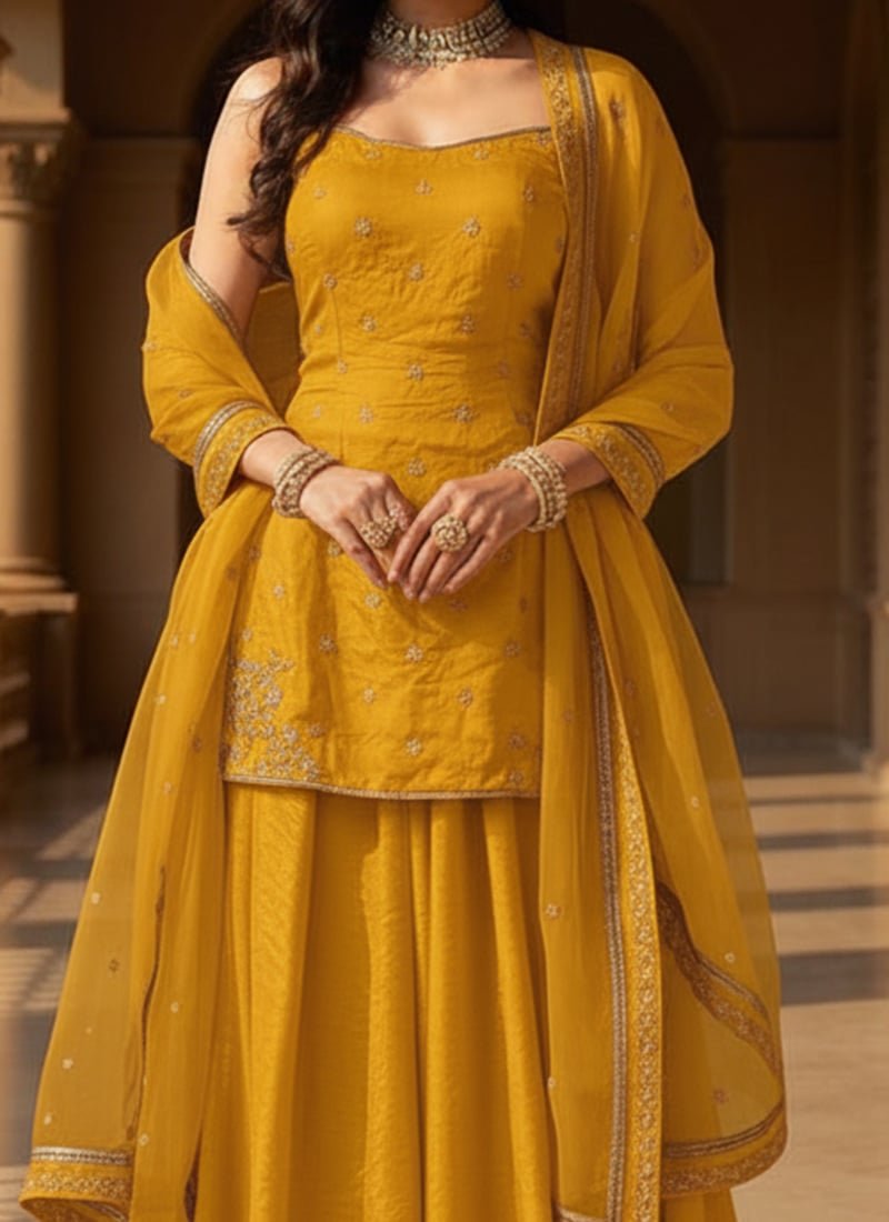Yellow Organza Sequins Moti Hand Embroidered Palazzo Suit Festive Wear - Image 3